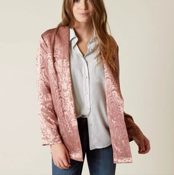 Free People silky jacquard paisley long one button pink purple blazer jacket S - Picture 2 of 10